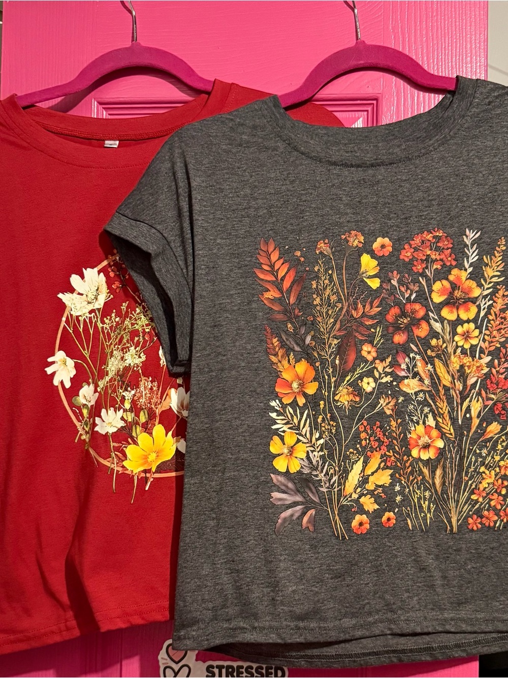 Set of 2 Floral Graphic Tee - Charcoal & Red, a little cropped, size small